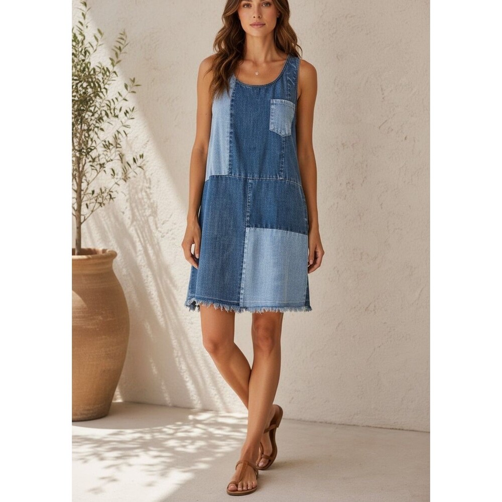 True Craft Patchwork Denim Dress Two-Tone Raw Hem Sz L